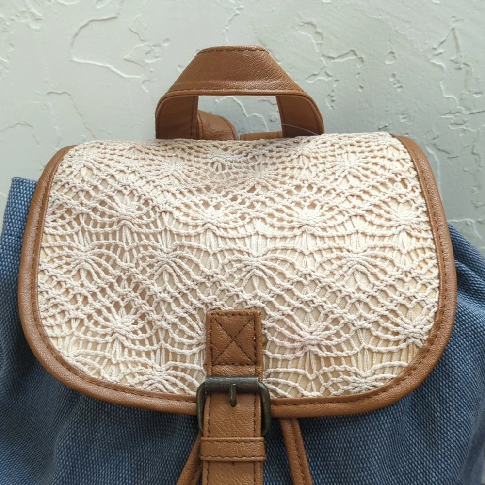 LIKE NEW Rue21 Retro Canvas Crochet and Faux Leather Drawstring Backpack